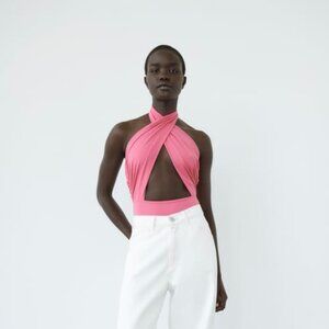 Zara pink wrap halter neck bodysuit